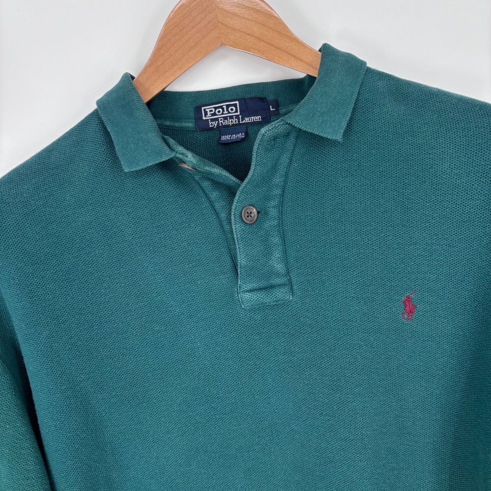 VTG Polo Ralph Lauren Heavyweight Long Sleeve Polo Shirt Mens L USA Made Green
